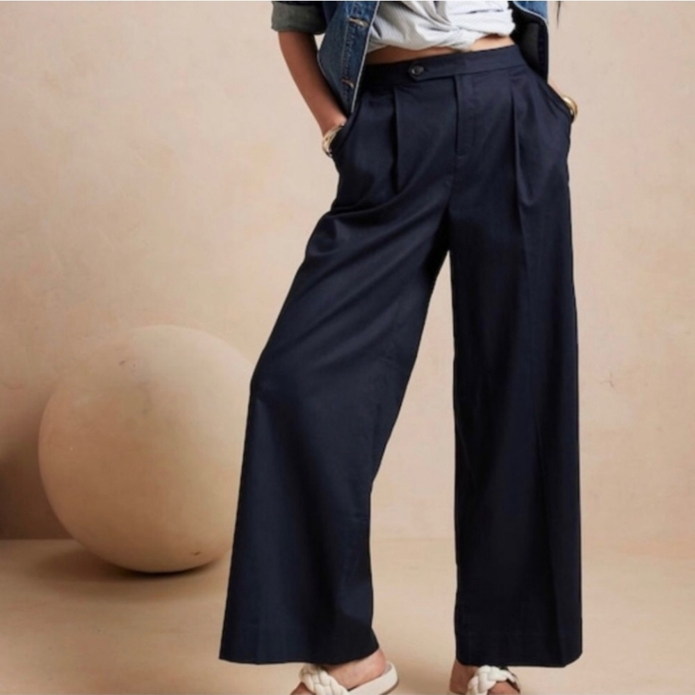 NEW BANANA REPUBLIC LINEN-COTTON WIDE-LEG PANT NAVY BLUE Size 4 Petite